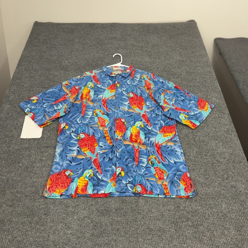 Vintage Sauce by Berne Shirt Mens XL Blue Cotton Parrot Print Hawaiian Tropical